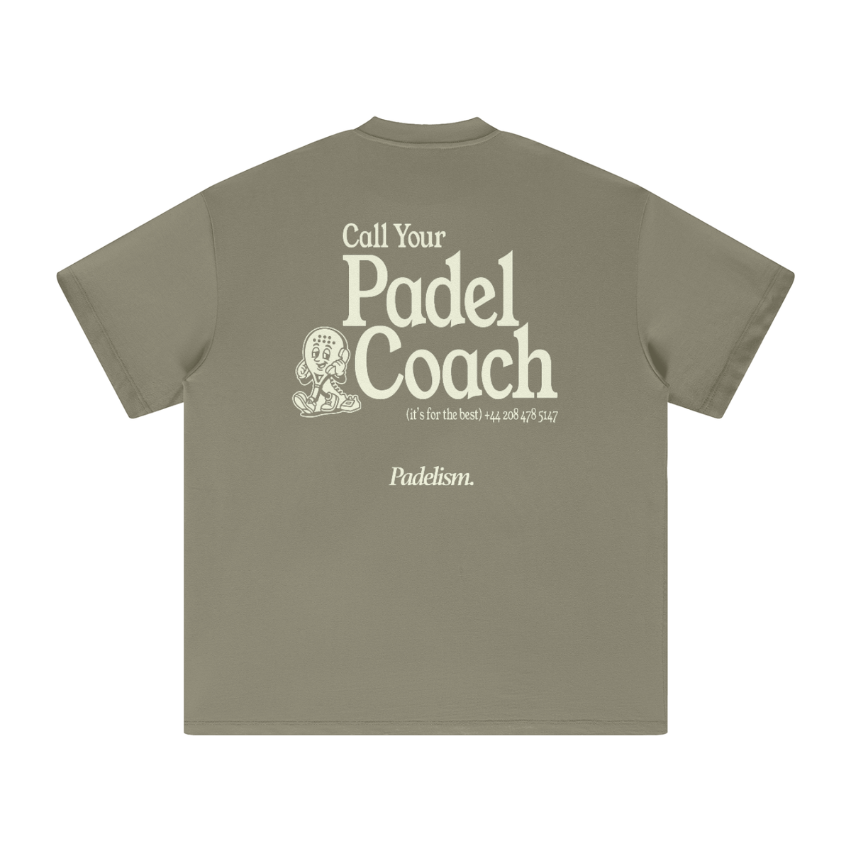 Heavyweight t-shirt in olive green with 'Call Your Padel Coach' back print