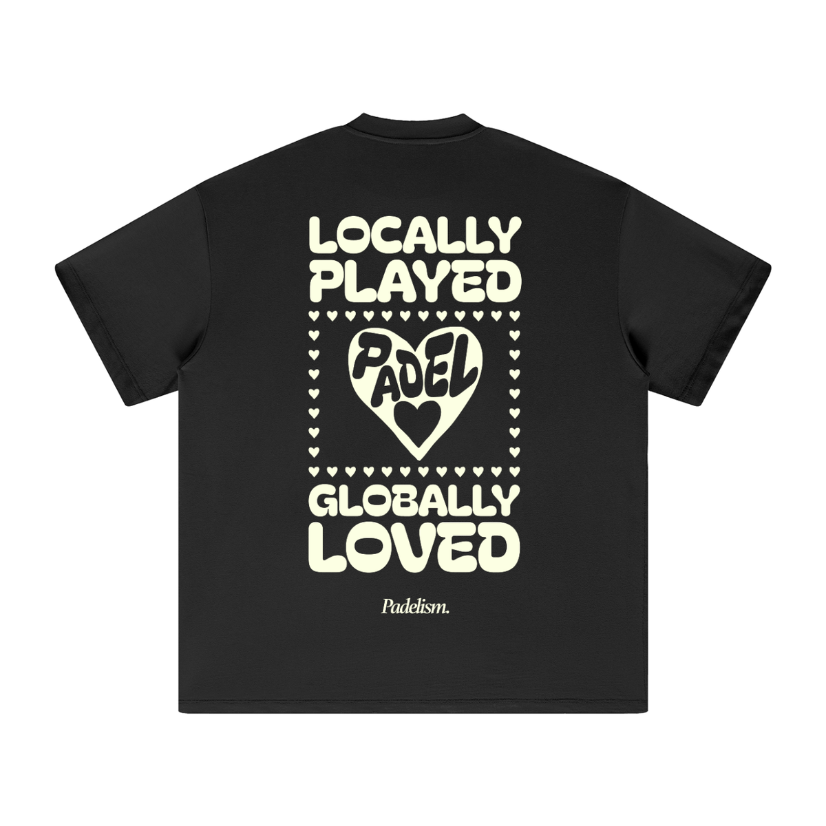 Black heavyweight T-shirt with large back graphic print and hearts