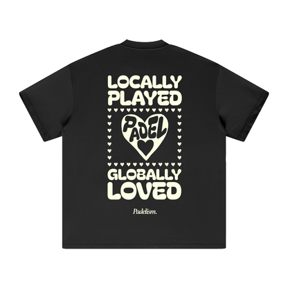 Black heavyweight T-shirt with large back graphic print and hearts