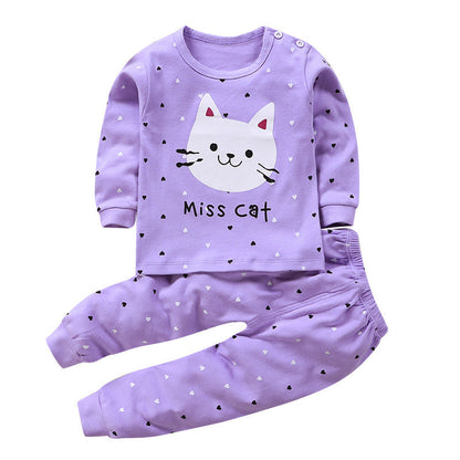 Children's underwear set in purple with cute cat graphic long-sleeve top and pants