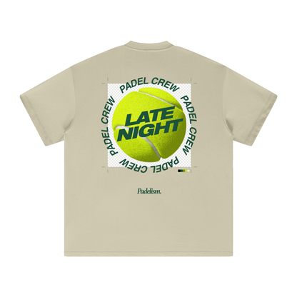 Sand color heavyweight T-shirt, crew neck, large back circular "LATE NIGHT" graphic