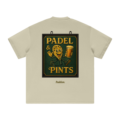 Heavyweight T-shirt in sand, back graphic print "PADEL & PINTS" with cartoon