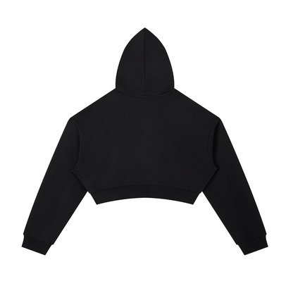 Black cropped zip hoodie back view with hood and long sleeves