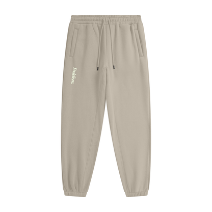 Gray apricot heavyweight fleece joggers with elastic waist and drawstring; Padelism logo