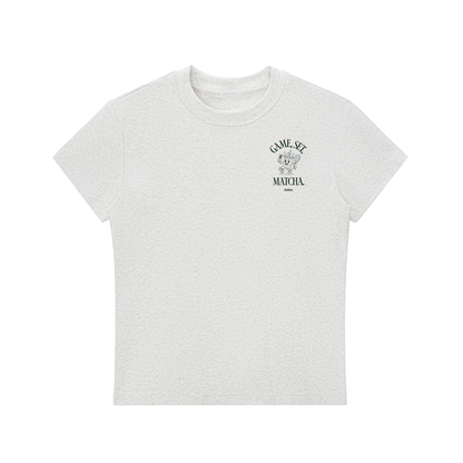 Light gray crewneck T-shirt with small chest logo print