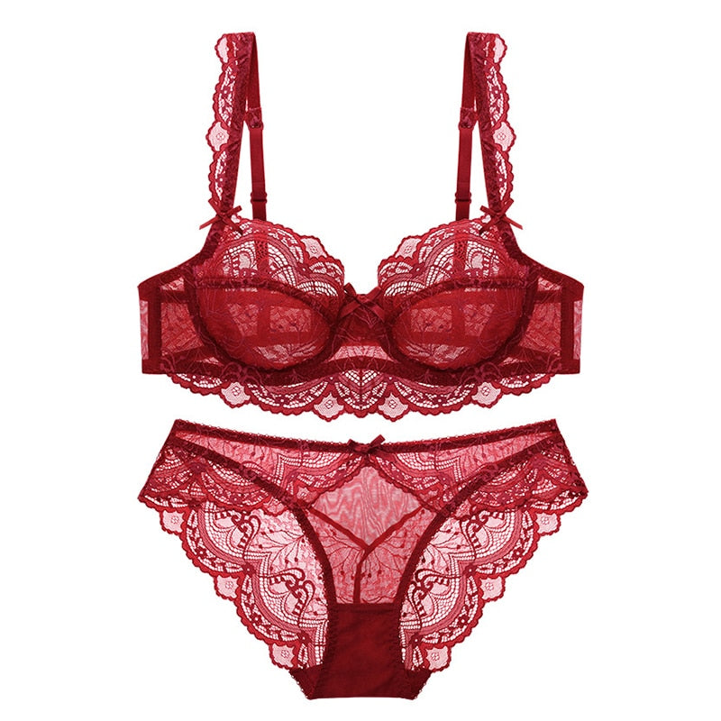 Wine red lace sheer bra and lace panty set with underwire cups and scalloped edges