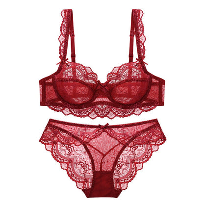 Wine red lace sheer bra and lace panty set with underwire cups and scalloped edges
