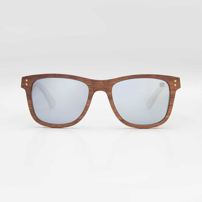 Wood-look sunglasses with light blue mirrored lenses and brown frames