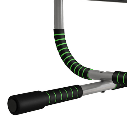 Close-up of padded pull-up bar grip with green-black striped foam and metal posts