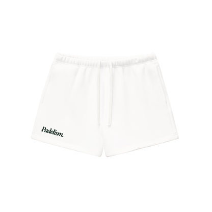White shorts with elastic waistband, drawstring, and logo patch on left leg