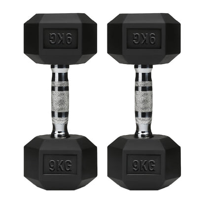 Rubber-coated hex dumbbell pair, black with silver knurled handles, 9 kg labels