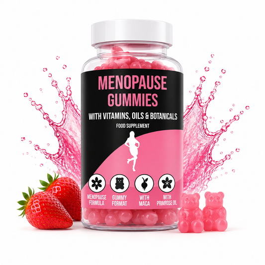Menopause support gummies bottle with pink gummies and strawberry flavor graphics