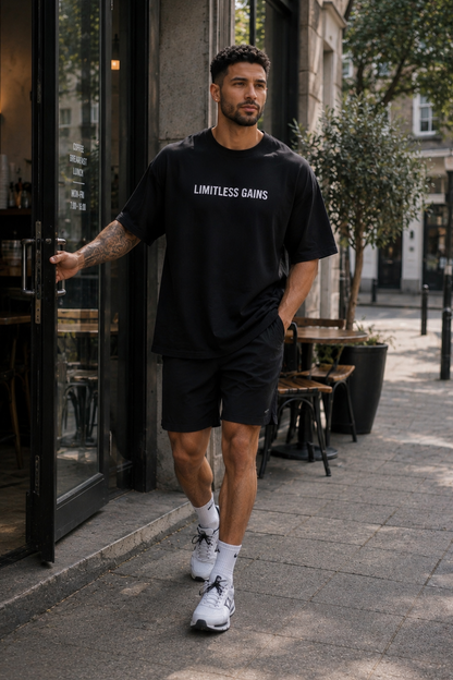Black oversized gym T-shirt with 'LIMITLESS GAINS' chest logo, full-body wearing