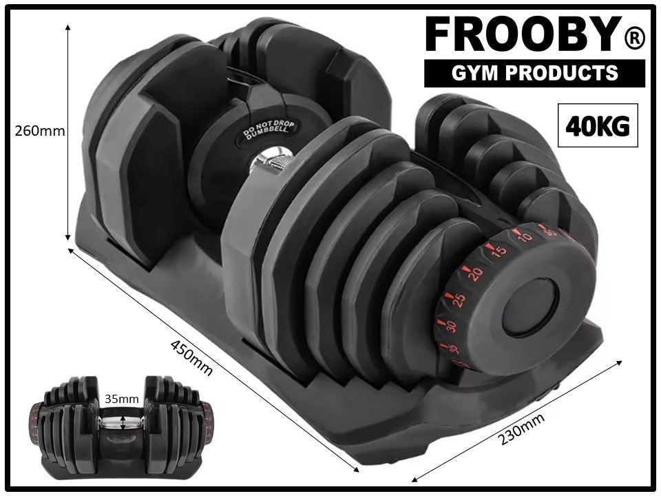 Adjustable black dumbbell with rotating dial and numbered weight plates, angled view