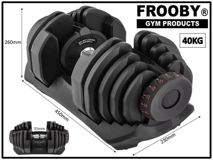 Adjustable black dumbbell with rotating dial and numbered weight plates, angled view