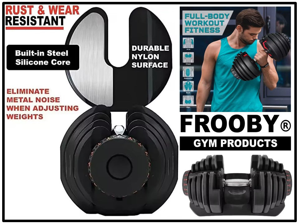 Adjustable black dumbbell with stacked weight plates, central dial, and end handle