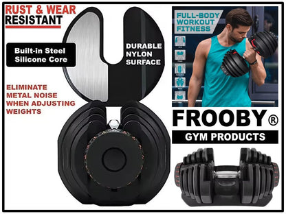 Adjustable black dumbbell with stacked weight plates, central dial, and end handle
