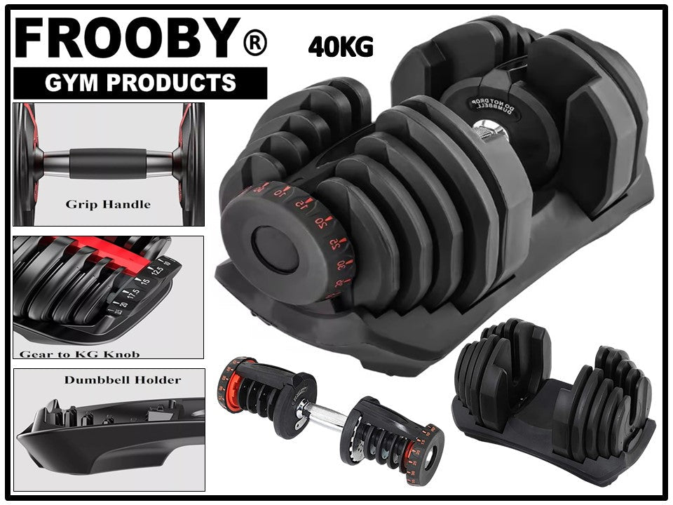 Adjustable black dumbbell with stacked plates and separate holder stand, red markings