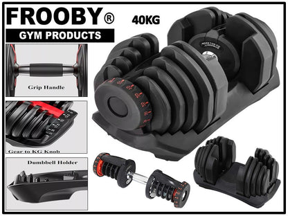 Adjustable black dumbbell with stacked plates and separate holder stand, red markings