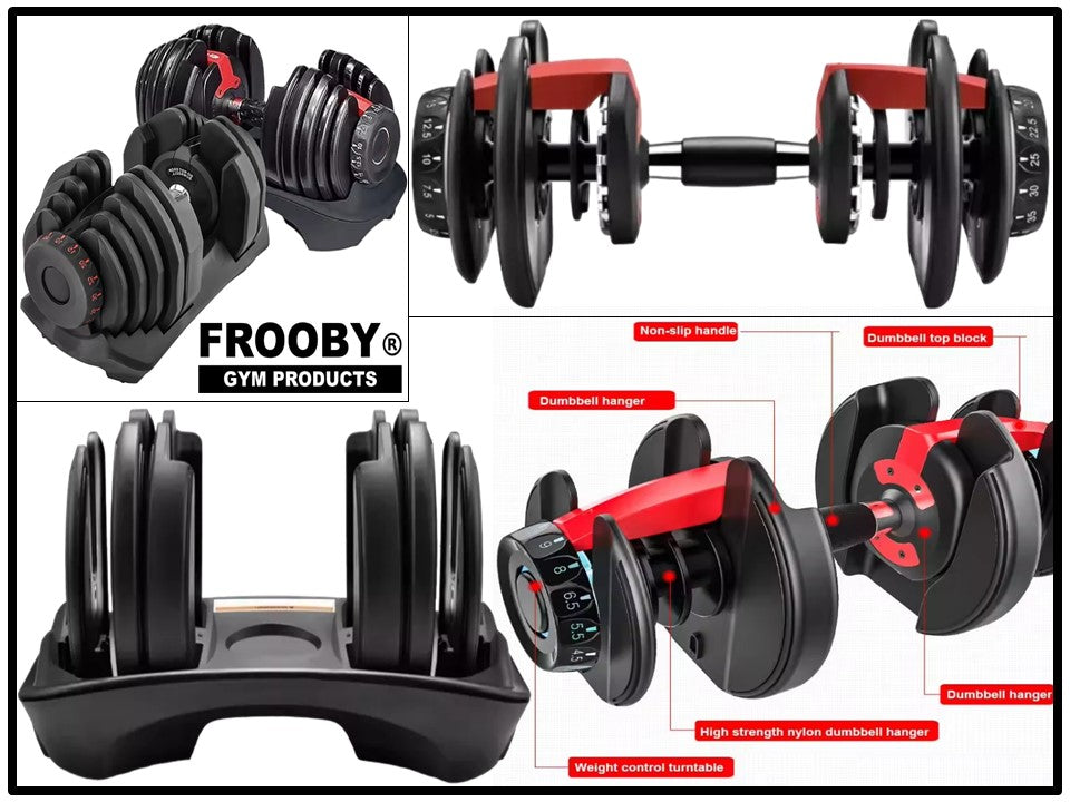 Adjustable dumbbell display with quick-dial selector and black weight stacks on base