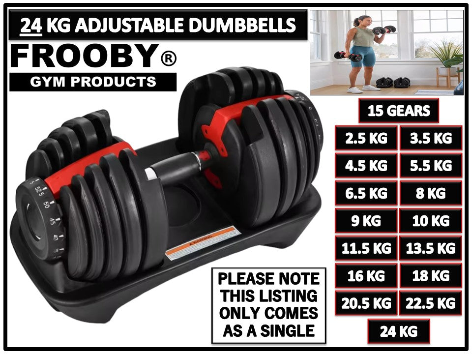 Adjustable dumbbell on stand with black stacked plates and red center accents