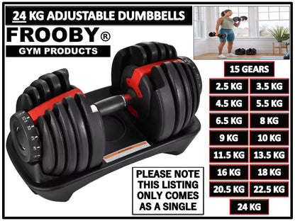 Adjustable dumbbell on stand with black stacked plates and red center accents