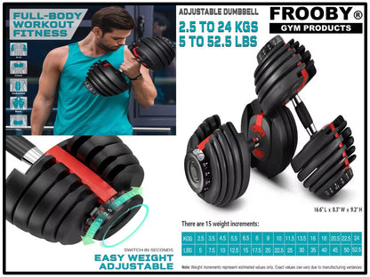 Adjustable dumbbell with black stacked plates and red adjustment accents
