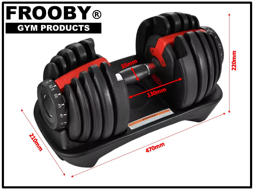 Adjustable dumbbell on stand, showing numbered dial and red grip accents