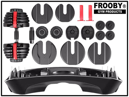 Adjustable dumbbell parts with black plates, red handle grips, and numbered selector rings