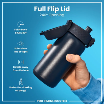 ION8 Leak Proof Water Bottle, Stainless Steel, Ash Navy, 400ml (13oz)