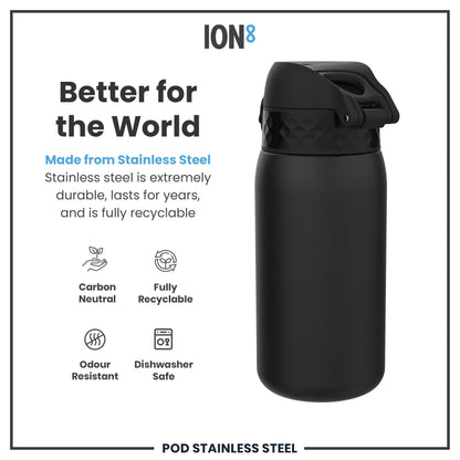 ION8 Leak Proof Water Bottle, Stainless Steel, Black, 400ml (13oz)