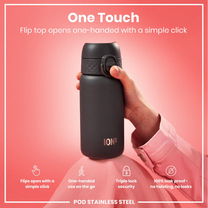 ION8 Leak Proof Water Bottle, Stainless Steel, Grey, 400ml (13oz)