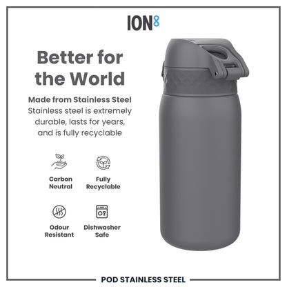 ION8 Leak Proof Water Bottle, Stainless Steel, Grey, 400ml (13oz)