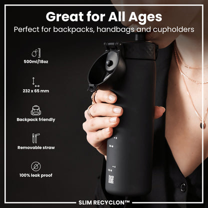 ION8 Leak Proof Medium Water Bottle with Straw, Recyclon, Black, 500ml (18oz)