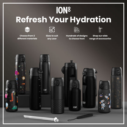 ION8 Leak Proof Medium Water Bottle with Straw, Recyclon, Black, 500ml (18oz)