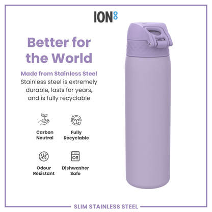 Leak Proof Slim Water Bottle, Stainless Steel, Light Purple, 600ml (20oz)
