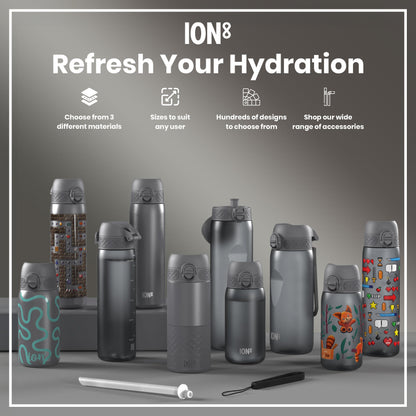 ION8 Leak Proof Medium Water Bottle with Straw, Recyclon, Grey, 500ml (18oz)