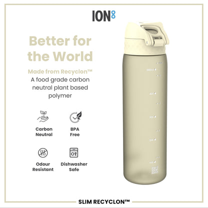 ION8 Leak Proof Slim Water Bottle, Recyclon, Creamy White, 500ml (18oz)