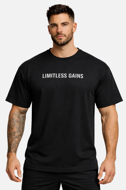 Black oversized gym T-shirt with 'LIMITLESS GAINS' chest logo