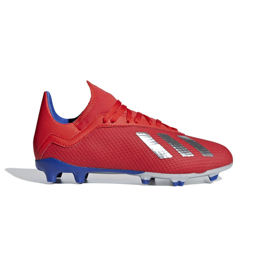 Adidas kids football boot, red synthetic upper, blue collar, FG studs