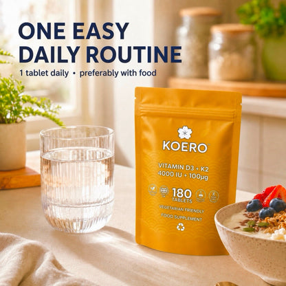 KOERO Vitamin D3 + K2 supplement pouch, orange pouch with daily routine theme text nearby