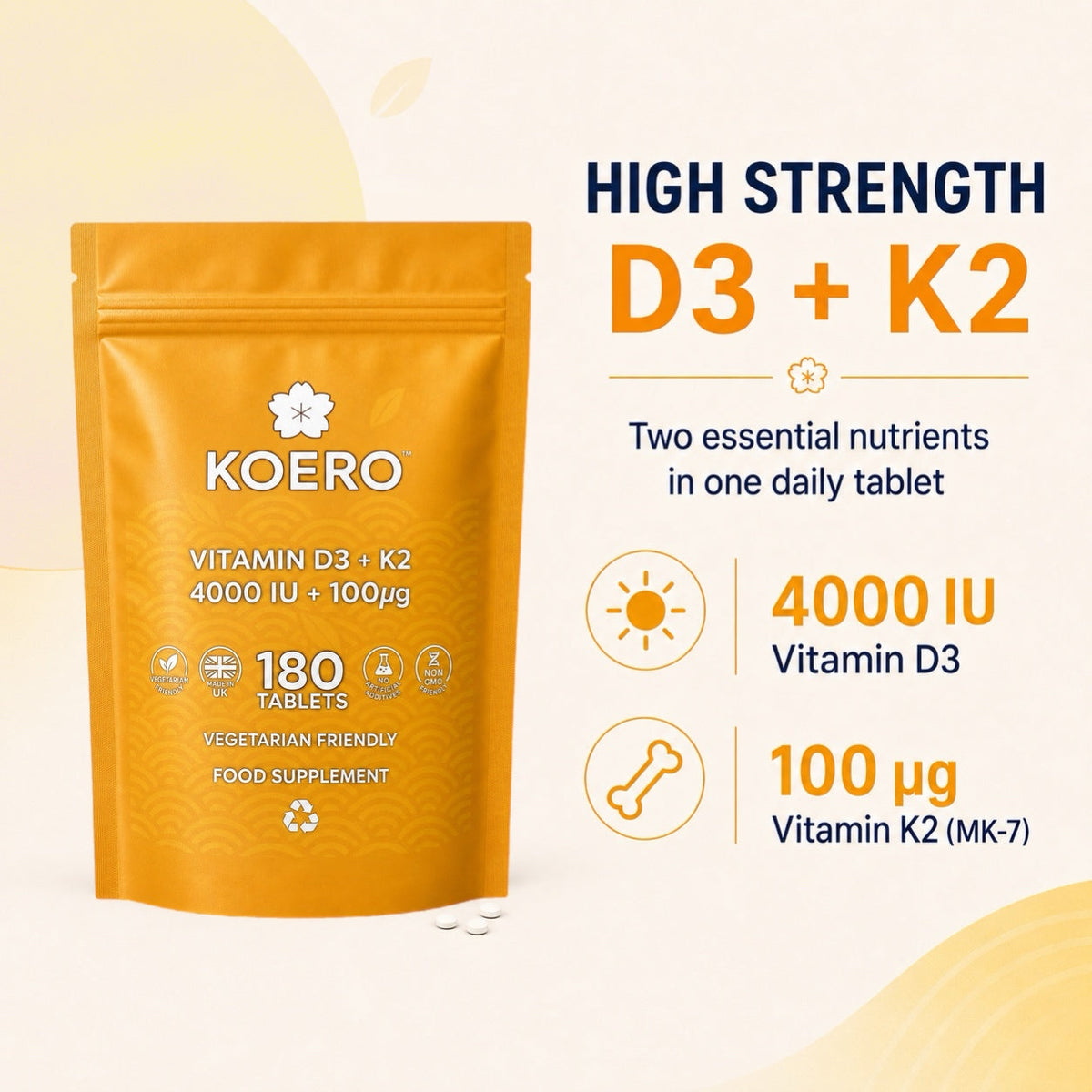 KOERO Vitamin D3 + K2 supplement pouch, orange pouch next to high strength D3 + K2 text