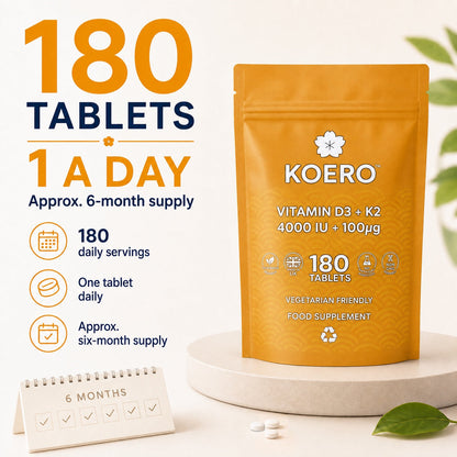 KOERO Vitamin D3 + K2 supplement pouch, orange front showing 180 tablets and 1 a day