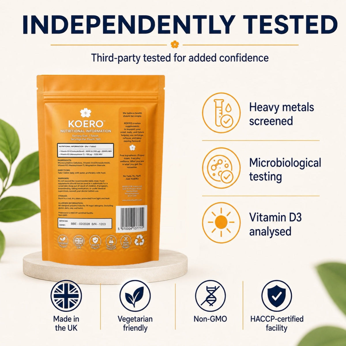 KOERO Vitamin D3 + K2 supplement pouch, orange back with independently tested and testing icons