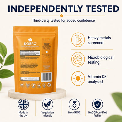KOERO Vitamin D3 + K2 supplement pouch, orange back with independently tested and testing icons