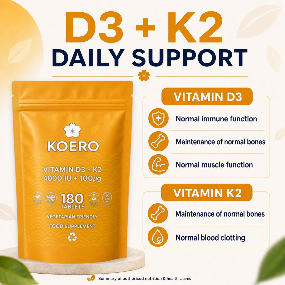 KOERO Vitamin D3 + K2 supplement pouch, orange pouch with daily support icons and text