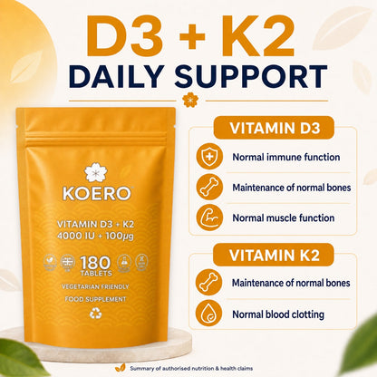KOERO Vitamin D3 + K2 supplement pouch, orange pouch with daily support icons and text