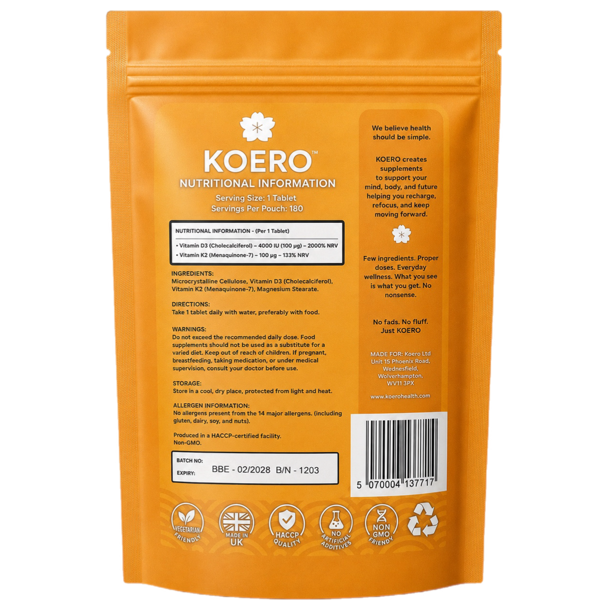 KOERO Vitamin D3 + K2 supplement pouch, orange back with nutrition information panel
