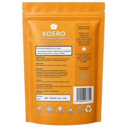 KOERO Vitamin D3 + K2 supplement pouch, orange back with nutrition information panel