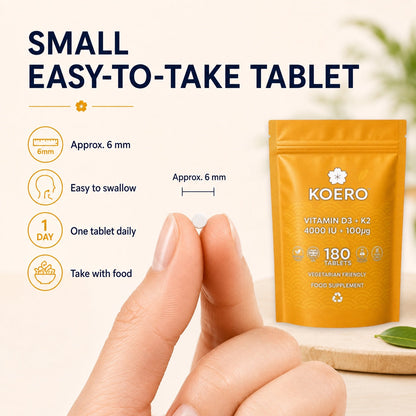 KOERO Vitamin D3 + K2 supplement pouch with small tablet size detail and hand holding tablet
